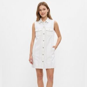 Zara Cream Denim Shirt Dress Womens Medium Sleeveless Button Front Topstitch